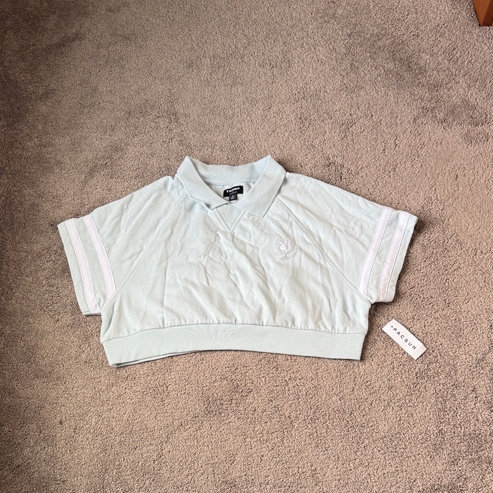 PLAYBOY Pacsun Soft Blue Cropped Polo Shirt Bunny Logo Preppy Y2K SIZE S